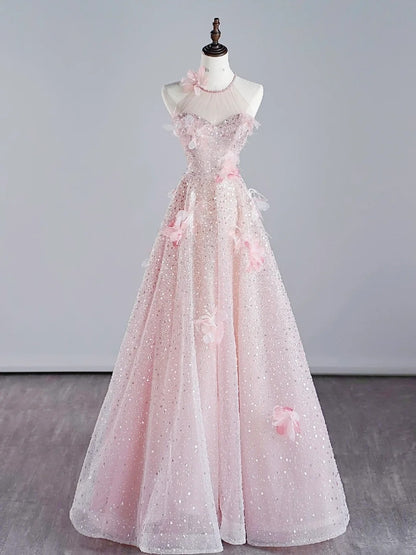 Modest A line Scoop Neck Pink Sequins Prom Dresses Inspiration Party Gowns Princess Formal Dress N758
