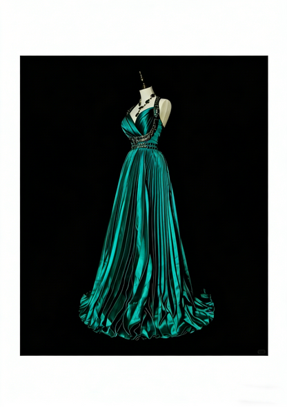 Vintage A line Halter Satin Ruffles Green With Beadings Sleeveless 70s Prom Dresses Long Formal Party Gown N1479
