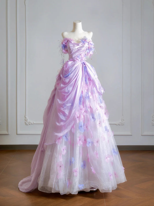 Timeless Ball Gown Strapless Lilac Floral Tulle Long Prom Dresses Inspiration Party Gowns N399