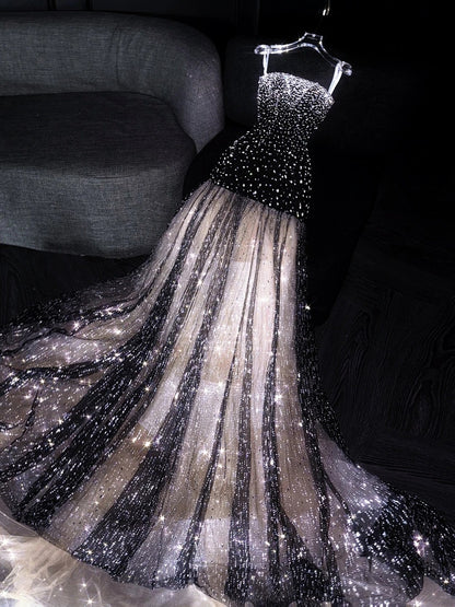 Princess Mermaid Strapless Black Sequined Long Formal Evening Dress Formal 18th Birthday Gowns Prom Dresses N738