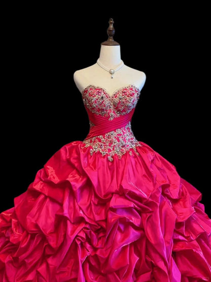 Princess Ball Gown Sweetheart Hot Pink With Layered Tiered Long Sweet 16 Dresses Seventeen Quince Dress RB4027