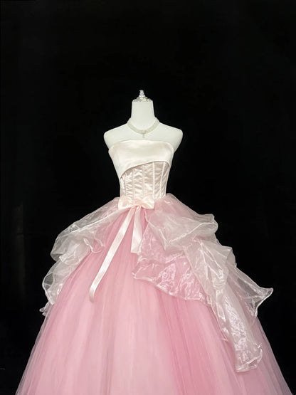 Sweet 16 Dresses Long Ball Gown Sweet Sixteen Long Birthday Dress Strapless Pink Tulle Formal Gown RC0324