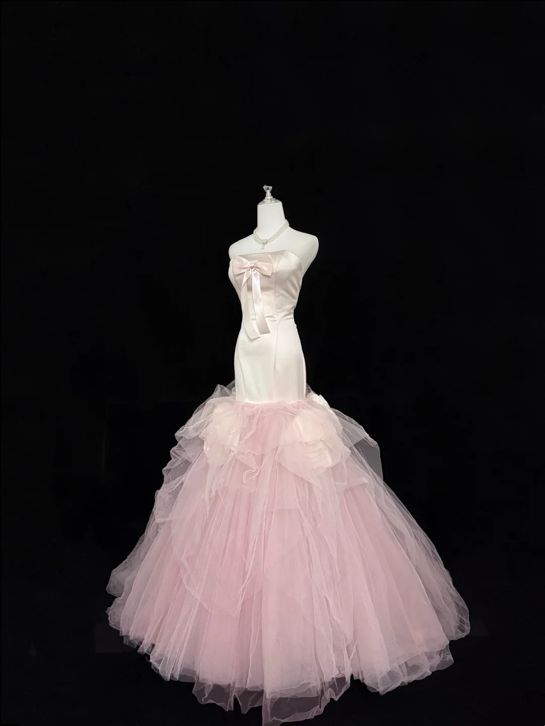 Prom Dress Long Floor Length Mermaid Strapless Tulle Pink With Flowers Formal Evening Gown For Women RC0322