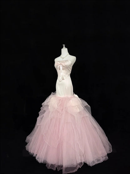 Prom Dress Long Floor Length Mermaid Strapless Tulle Pink With Flowers Formal Evening Gown For Women RC0322