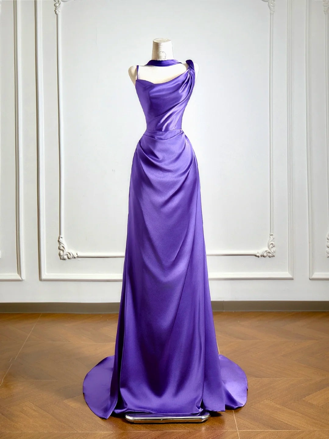 Simple Mermaid Grape Satin Asymmetrical Neck Prom Dresses Long Evening Formal Gown With Scarf Party Gowns N346