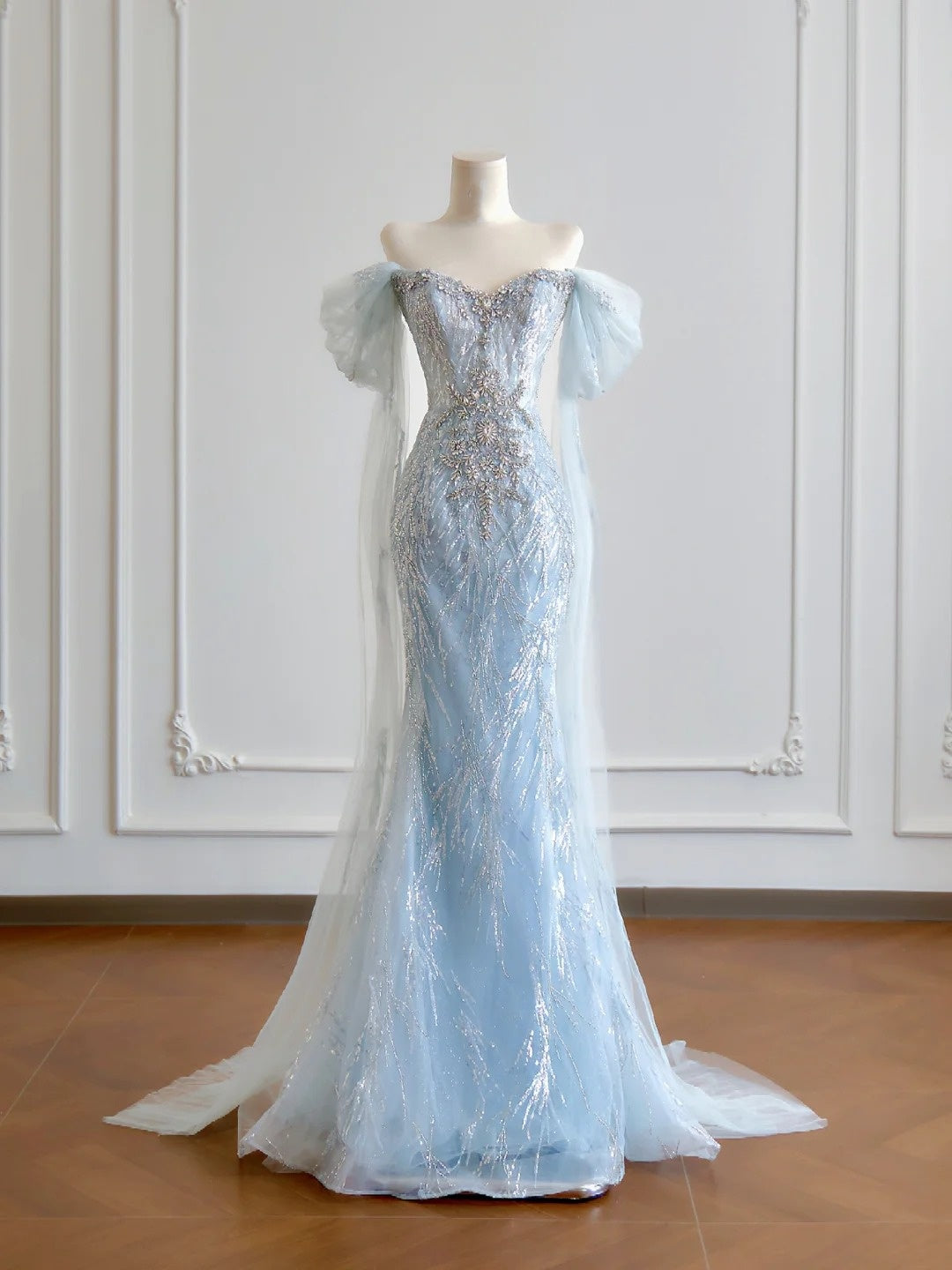 Luxurious Mermaid Off The Shoulder Light Sky Blue With Short Sleeves Prom Dresses Long Evening Formal Birthday Party Gowns N379