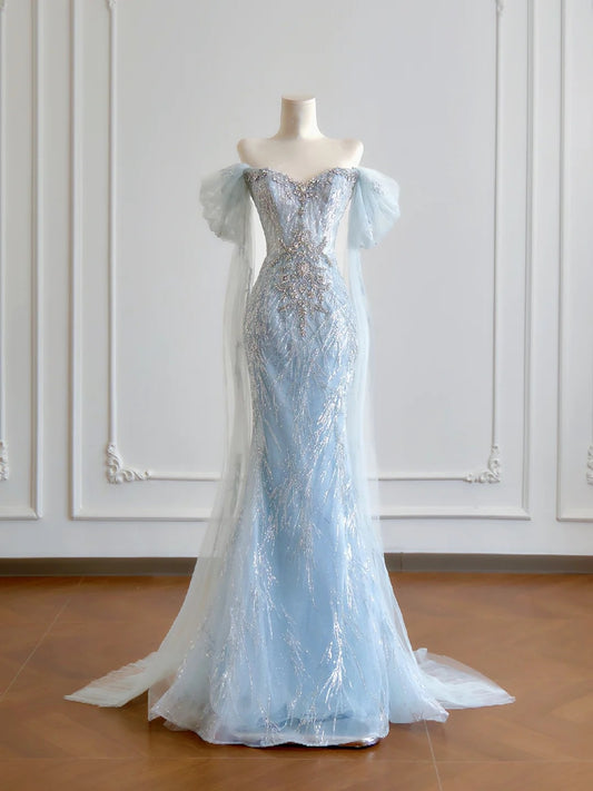 Luxurious Mermaid Off The Shoulder Light Sky Blue With Short Sleeves Prom Dresses Long Evening Formal Birthday Party Gowns N379