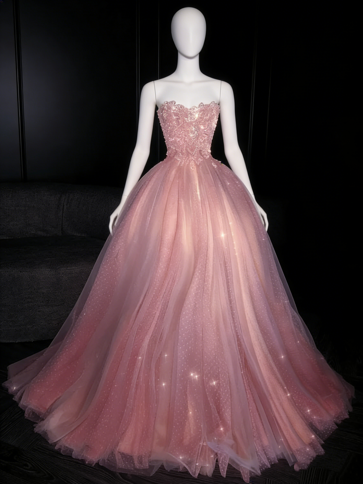 Glittery Ball Gown Strapless Pink Polka Dots Long Formal Evening Dress Formal 18th Birthday Gowns Prom Dresses N735