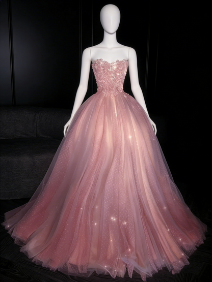 Glittery Ball Gown Strapless Pink Polka Dots Long Formal Evening Dress Formal 18th Birthday Gowns Prom Dresses N735