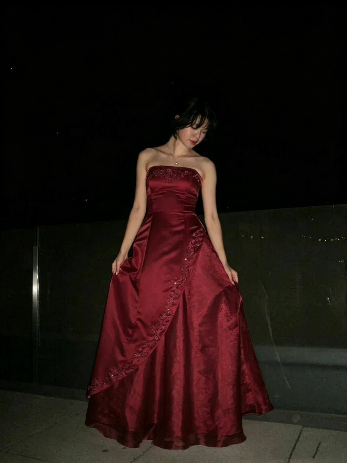 Vintage A-line Light Pink Strapless Prom Dress With Embroidery Evening Outfits Formal Dress N536