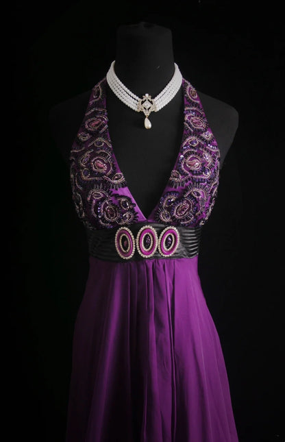 Retro A Line Halter Grape Chiffon Prom Dresses With Beadings Inspiration Party Gowns Princess Formal Dress N774
