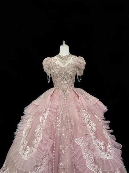 Sweet 16 Dresses Long Ball Gown Sweetheart Pink With Lace Appliques Sweet Sixteen Birthday Gown RC0320
