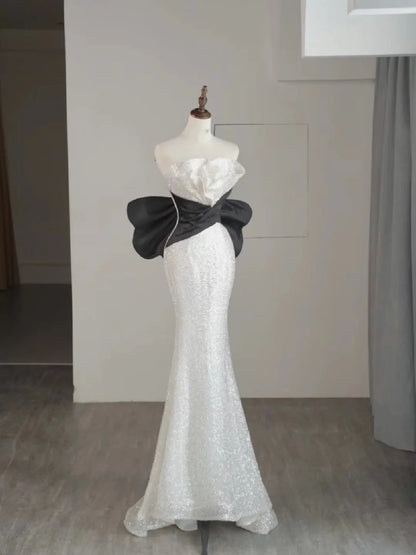 Beautiful Mermaid Strapless White Sequin Long Prom Dresses Formal Gowns Inspo Evening Outfit N236
