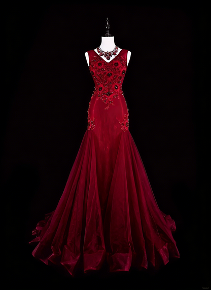 Vintage Prom Dresses Aesthetic 1960s Retro V Neck Mermaid Burgundy Long Party Dress N2146