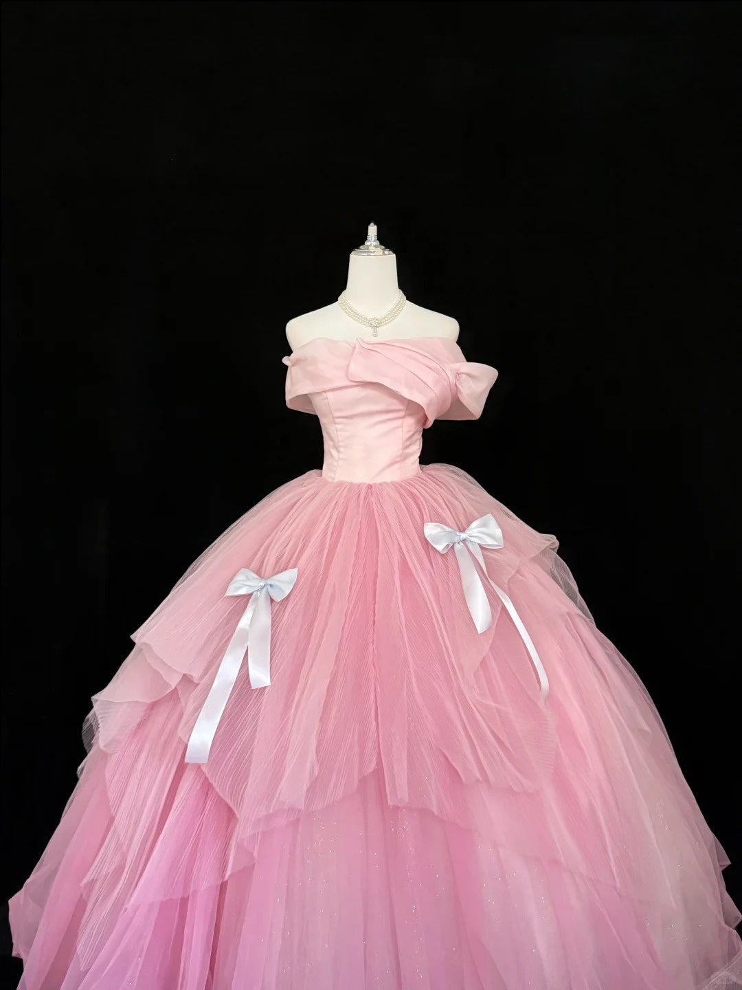 Tulle Prom Dress Long Floor Length Ball Gown Off Shoulder Pink With Sleeves Formal Evening Gown For Women RC0272
