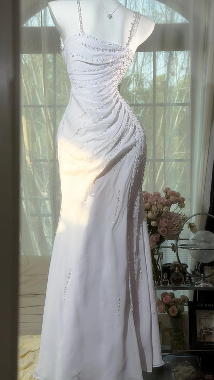 Modest Prom Dresses Mermaid Spaghetti Strap White Chiffon With Beading Floor Length Evening Outfits N3529