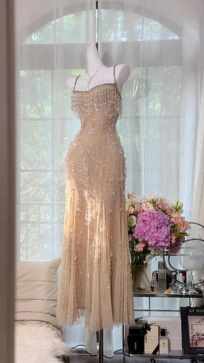 Vintage Mermaid Spaghetti Strap Champagne Tulle With Beading Prom Dress Formal Outfits Party Dresses RB7565