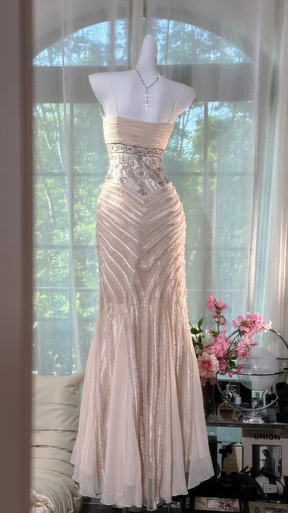 Modest Prom Dresses Mermaid Spaghetti Strap Pink Chiffon With Beading Sleeveless Evening Outfits N3577