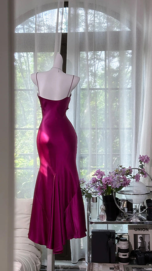 Modest Prom Dresses Mermaid Spaghetti Strap Satin Sleeveless Slit Tea Length Evening Outfits N3569