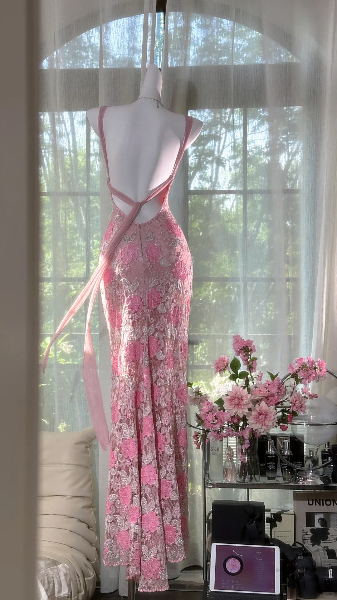 Modest Prom Dresses Mermaid Spaghetti Strap Pink Lace Sleeveless Backless Long Evening Outfits N3568