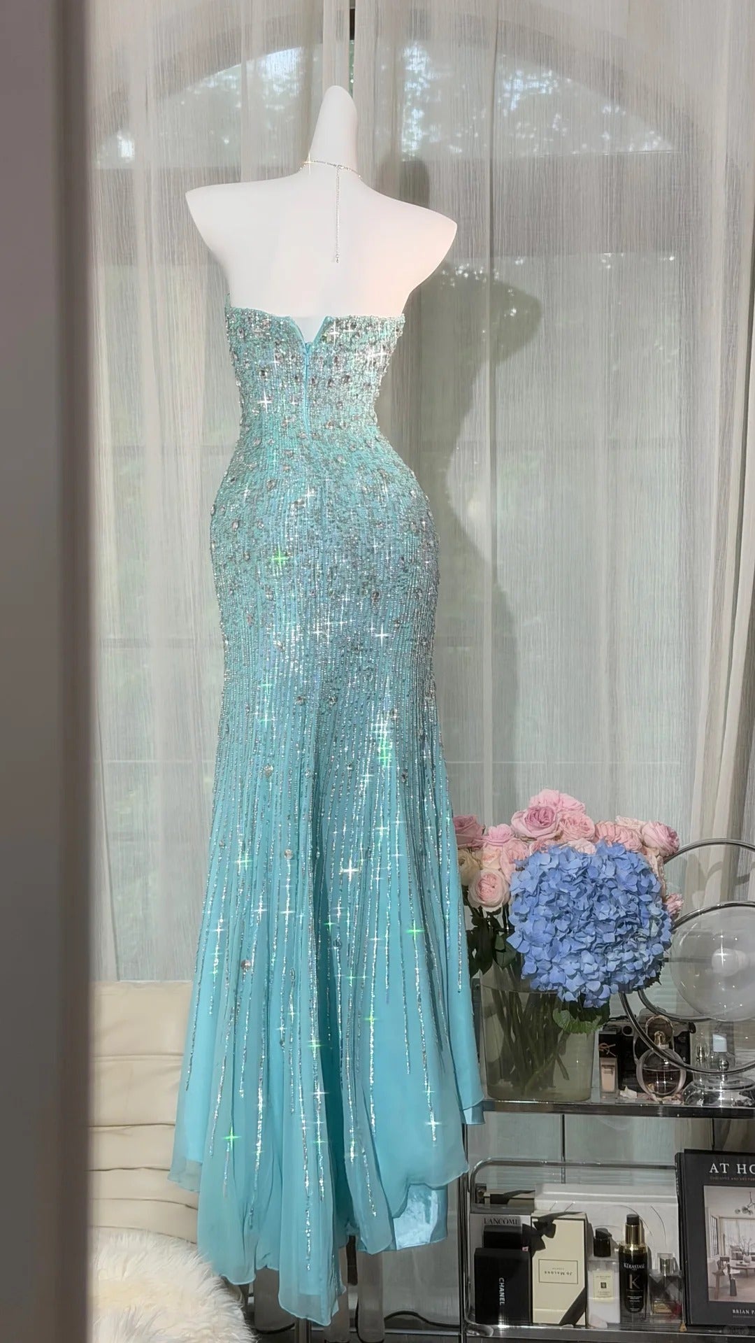 Classic Mermaid Sweetheart Blue Chiffon With Silver Beads Floor Length Prom Dresses Inspo Formal Outfits RB4508