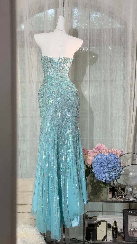 Classic Mermaid Sweetheart Blue Chiffon With Silver Beads Floor Length Prom Dresses Inspo Formal Outfits RB4508