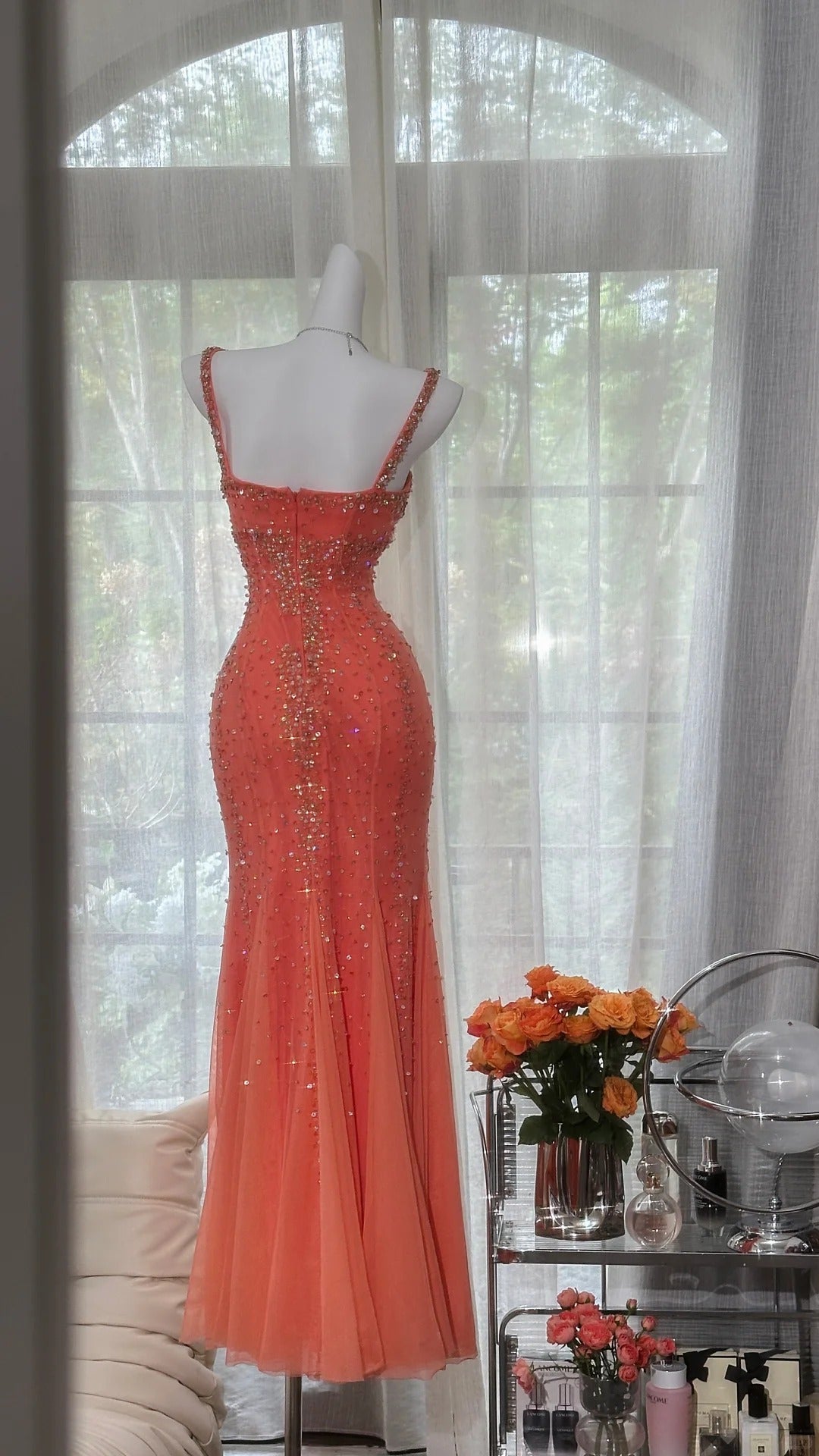 Modest Prom Dresses Mermaid Halter Coral Chiffon With Beading Long Evening Outfits N3551