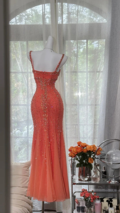 Modest Prom Dresses Mermaid Halter Coral Chiffon With Beading Long Evening Outfits N3551