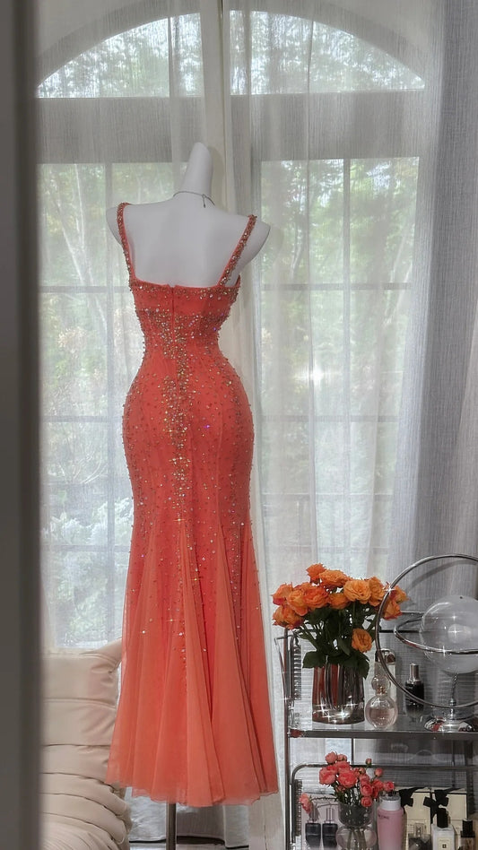 Modest Prom Dresses Mermaid Halter Coral Chiffon With Beading Long Evening Outfits N3551