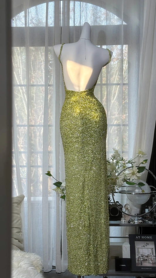 Charming Prom Dresses Mermaid Spaghetti Strap Sequin Green Floor Length Evening Outfits N3546