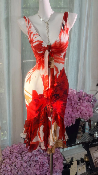 Vintage Hoco Dress Mermaid V Neck Red Floral Short Length Homecoming Party Dresses RB9787