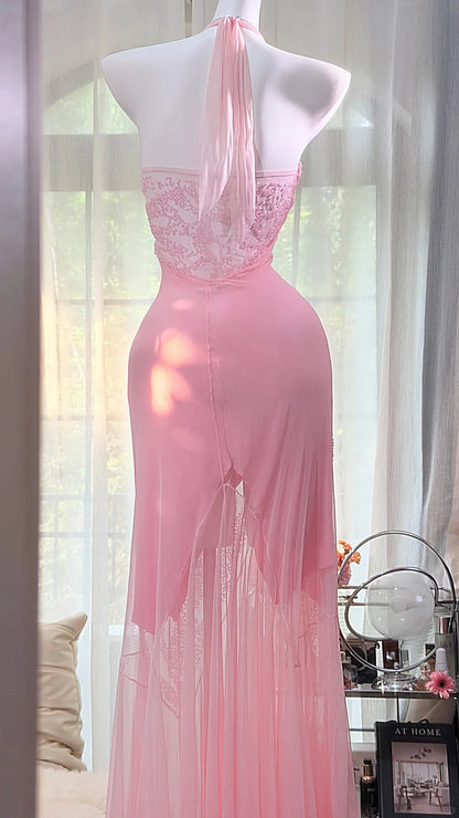 Prom Dress Mermaid Halter Pink Chiffon Sequined Floor Length High School Graduation Party Dresses RC1097
