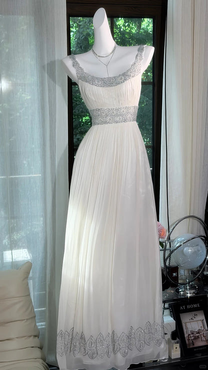 Vintage A line Square Neck White Chiffon With Beading Long Prom Dress Formal Outfits Party Dresses RB7559