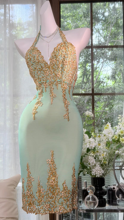 Sexy Short Homecoming Dresses Sheath Halter Mint Green Gold Lace Birthday Sweet 16 Dress Ideas Outfits RB7564