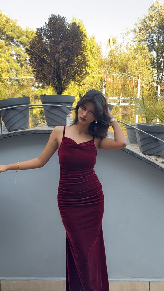 Sexy Mermaid Spaghetti Strap Burgundy Velvet Long Prom Dresses Inspiration Evening Gowns Formal Party Prom Dress N175