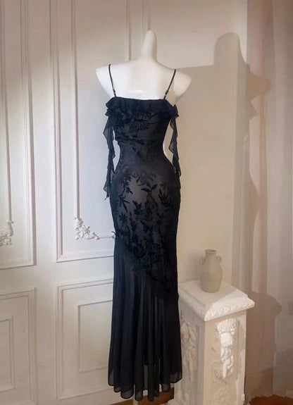 Chic Mermaid Spaghetti Straps Black Chiffon Long Prom Dresses Inspiration Party Dress Prom Gowns DH3027