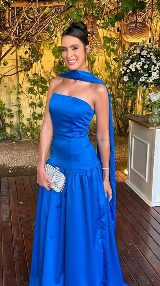 Gorgeous Sheath Strapless Royal Blue Satin Long Prom Dresses With Scarf AB191