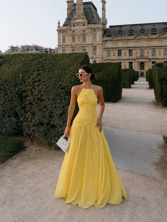 Modest A line Butter yellow floral prom dress sleeveless chiffon prom gowns AB196