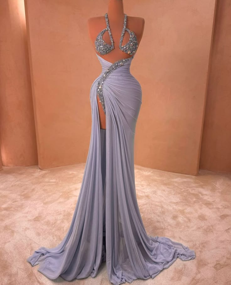Women Sexy Mermaid Halter Blue Slit Chiffon Bodycon Formal Gowns Evening Maxi Dress Prom Dress Aesthetic For Women Party Outfits AB1197