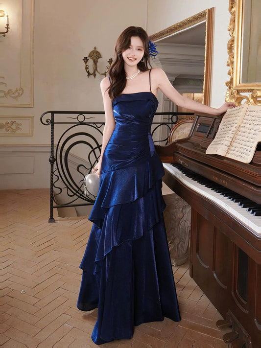 Princess Mermaid Spaghetti Strap Satin Royal Blue Long Prom Dresses Party Dress 18th Birthday Outfits Graduation Gown N877
