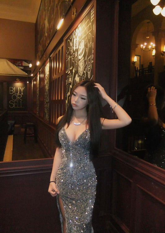 Sparkly Sequin Mermaid Spaghetti Strap Slit Grey Long Prom Dresses Inspiration Evening Gowns Formal Party Prom Dress N174