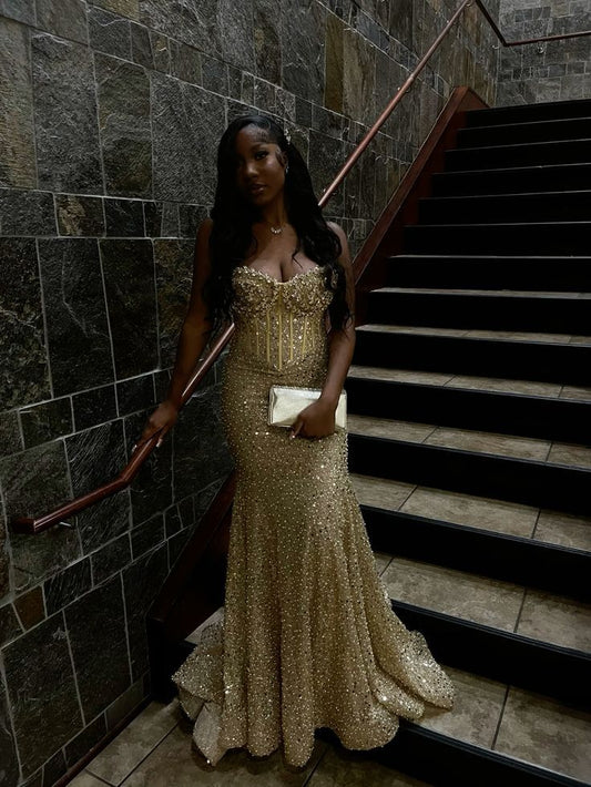 Mermaid Gold Sequin Long Prom Gown Lace Up Back Evening Dress For Plus Size Black People Girls N828