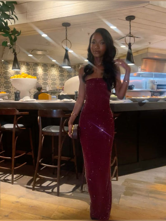 Sexy Sheath Strapless Burgundy Sequin Long Prom Dresses For Black People Inspiration Evening Gowns Formal Party Prom Dress N177