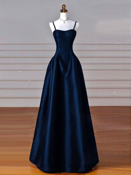 Unique A line Navy Blue Satin Prom Dresses Long Corset Fitted Back Prom Outfit Vestidos De Dia AB519