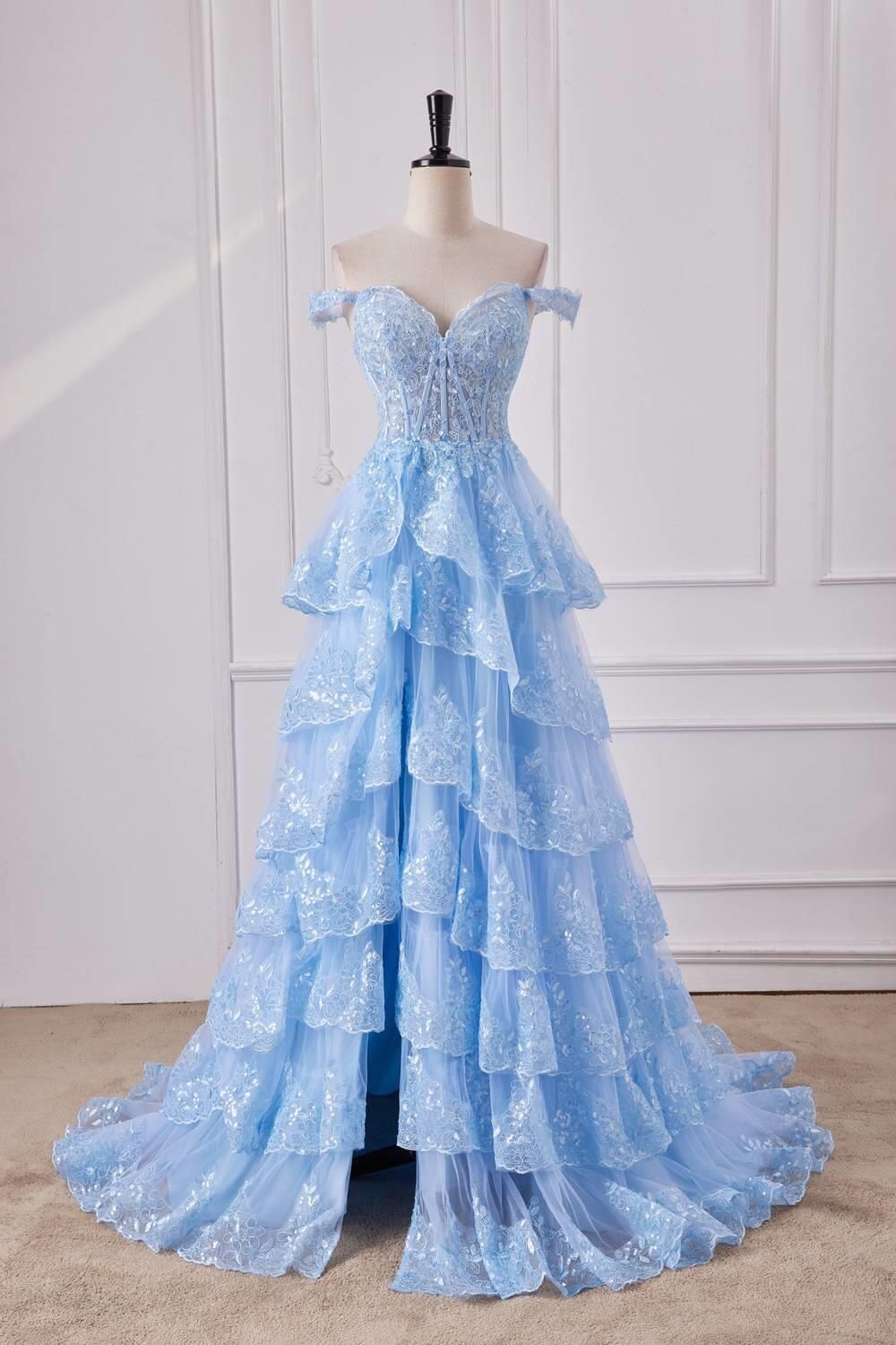 Light Blue Off The Shoulder Tulle Sequin Ruffle Tiered Long Gown with Slit Vestidos De Dia AB524