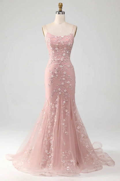 Spaghetti Straps Blush Pink Sparkly Beaded Mermaid Long Prom Dresses Vestidos De Dia AB526