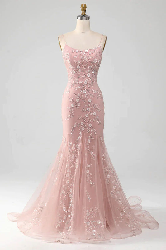 Spaghetti Straps Blush Pink Sparkly Beaded Mermaid Long Prom Dresses Vestidos De Dia AB526