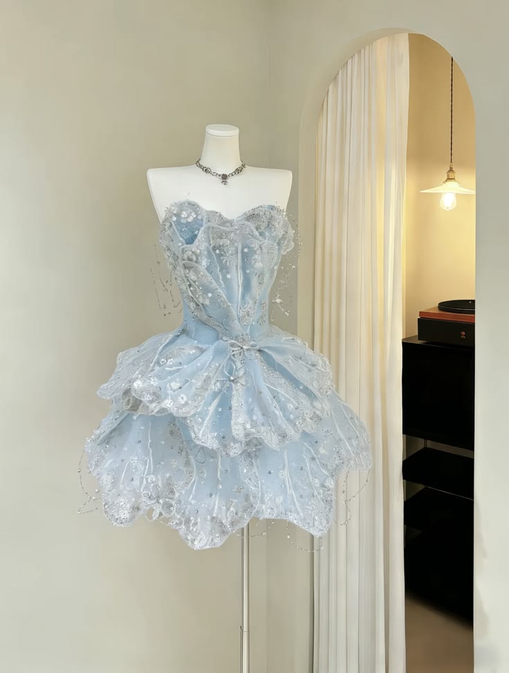 Shiny Ball Gown Strapless Blue Sequin Sleeveless Mini Senior Inspo Short Homecoming Dresses N4727