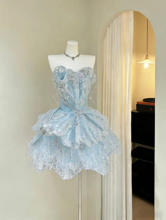 Shiny Ball Gown Strapless Blue Sequin Sleeveless Mini Senior Inspo Short Homecoming Dresses N4727