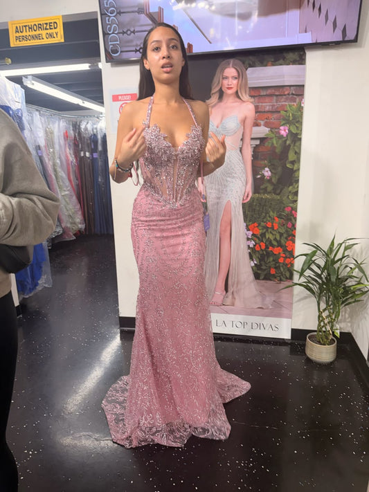 Shinning Mermaid Halter Pink With Beading Prom Dresses For Teens Formal Dress Party Outfits RB3013